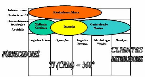 Figura 1: Correlação entre estabilidade dinâmica, cadeia de valor  e  TI (CRM)  Fonte: Adaptado de Escrivão Filho (2004) e Galbreath e Rogers (1999) 