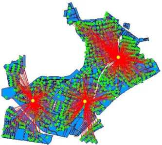 Figura 4: Localização de 3 medianas – distâncias euclidianas  As figuras 5 e 6 mostram as soluções de um problema contendo 31 vértices, dos quais  foram selecionados 3 para a instalação de facilidades