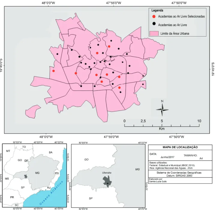 Figura 1 – Distribuição espacial das Academias ao Ar Livre em Uberaba, Minas Gerais, com destaques para as selecionadas para a coleta de dados.