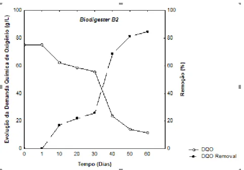 Figura 6: Evolução temporal observada no Biodigestor B2 – Demanda Química de Oxigênio (DQO) durante 60  dias de experimentos 