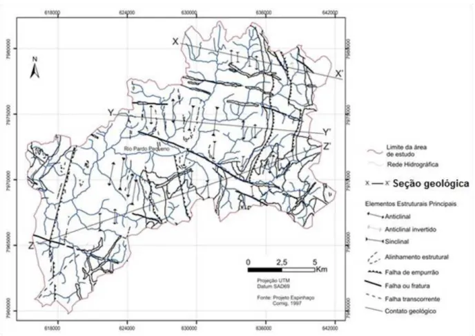 Figura 04: Elementos estruturais principais presentes no arcabouço geológico da bacia hidrográica do alto  Rio Pardo Pequeno (Planalto do Espinhaço Meridional/MG).
