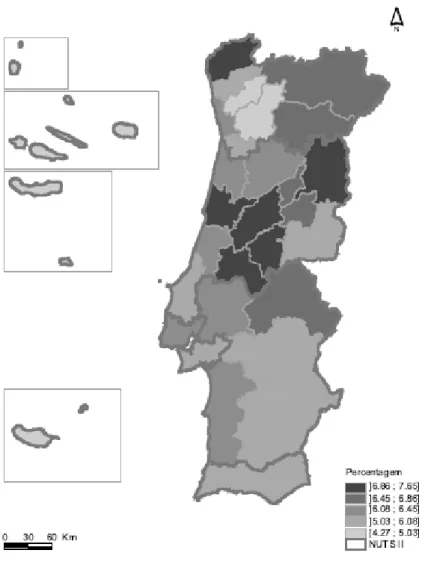 Figura 8-Distribuição da taxa de população portadora de deficiência em Portugal, em 2001 