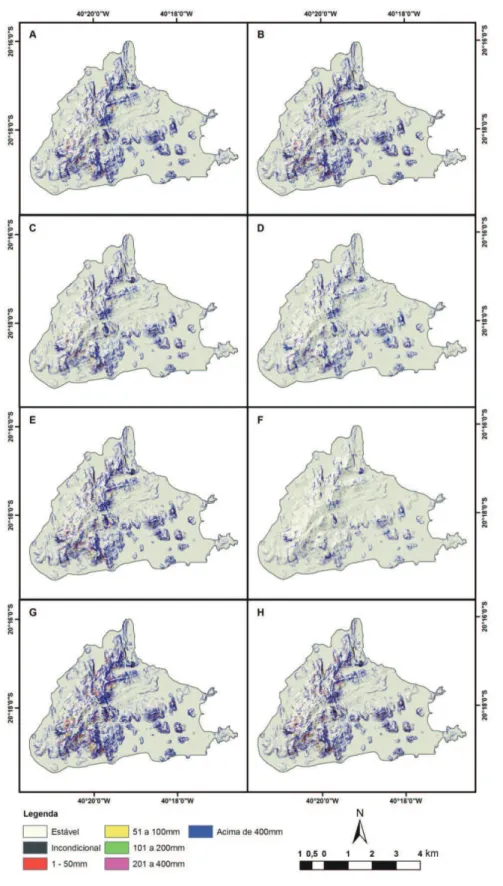 Figura 5. Mapa de susceptibilidade de escorregamentos rasos na Ilha de Vitória/ES conforme: (a) simulação 1, (b) simulação 2, (c)  simulação 3, (d) simulação 4, (e) simulação 5, (f) simulação 6, (g) simulação 7 e (h) simulação 8.
