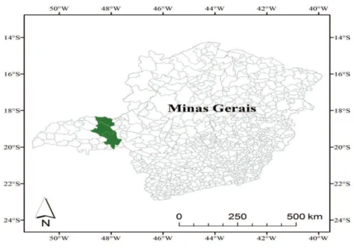 Figura 1: Localização da área de estudo (municípios de Araguari, Uberlândia e Uberaba, de cima para baixo) no estado de Minas Gerais.