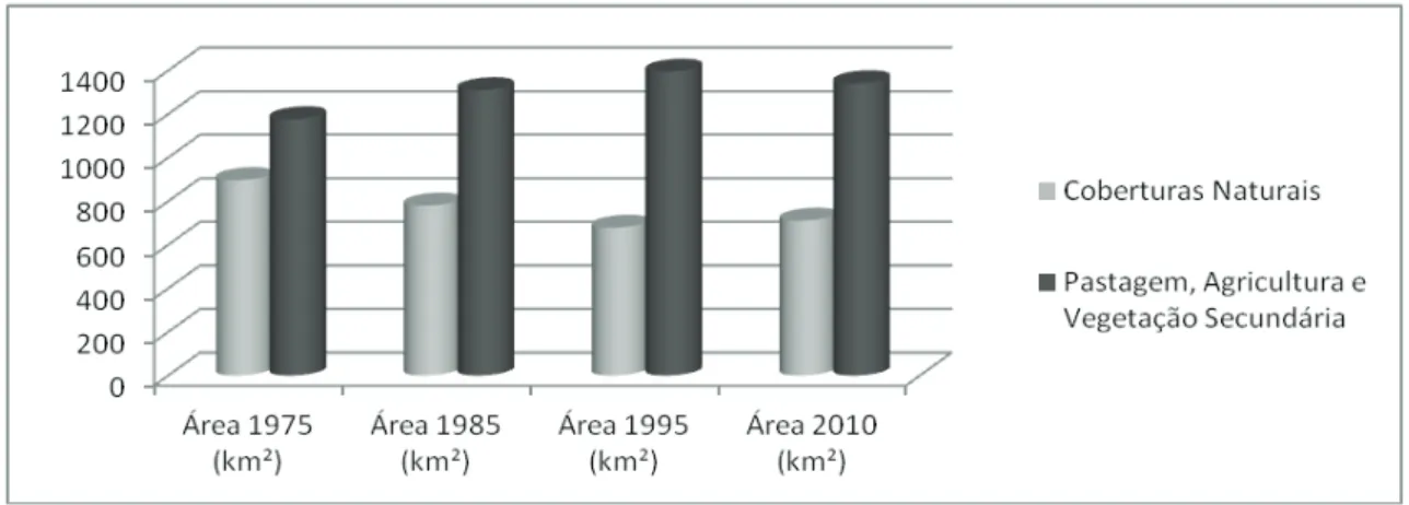 Figura 8. Mudanças quantitativas das coberturas naturais e áreas de pastagem, agrícolas e de vegetação secundária entre os anos de  1975, 1985, 1995 e 2010