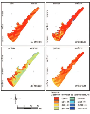 Figura 7. Imagens de classes de NDVI que obtiveram maior contribuição na CP3 correspondente ao verão (a), outono (b), inverno (c)  e primavera (d), lagoa Itapeva-RS