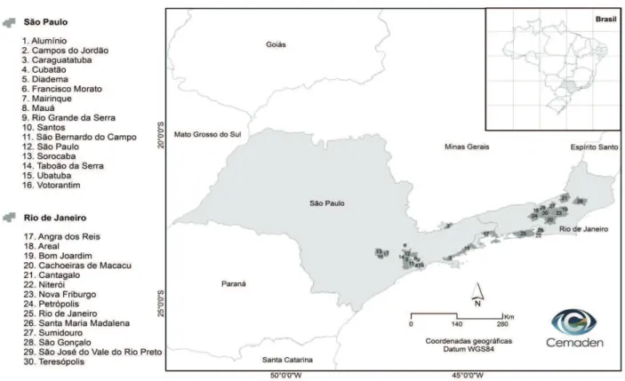 Figura 1: localização dos municípios analisados nos estados de São Paulo e Rio de Janeiro