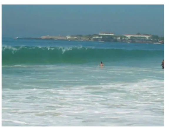 FIGURA 1: Zona de surfe plana nos primeiros 30 metros, na praia de Copacabana. Arrebentação  mergulhante pode levar o banhista a impacto forte com o fundo