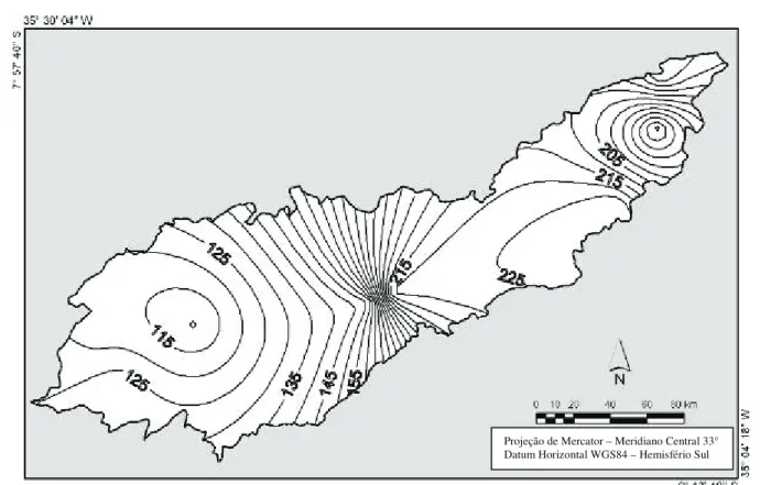 FIGURA 10: Variabilidade espacial da média de precipitação nos meses de março a julho,  para a Bacia do Rio Tapacurá no período de 1970 a 2000.