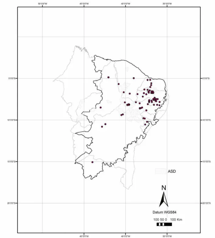 Figura 2. Localização de inventários realizados no bioma Caatinga e das Áreas Susceptíveis a Desertificação (ASD).