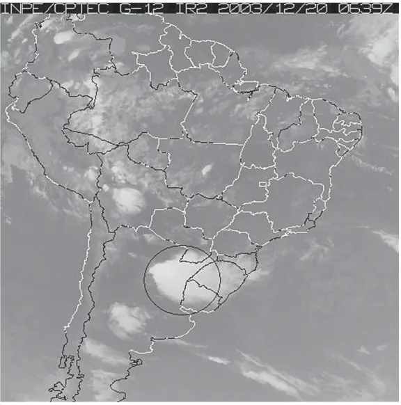 FIGURA 1. Imagem do satélite GOES-12 (canal infravermelho) no dia 20/12/2003 mostrando um evento de CCM sobre o norte da Argentina e região oeste do RS.