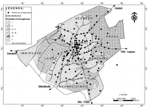 Figura  7 – Localização dos postos de combustíveis em relação a carta geotécnica de Campo Grande De acordo com a Tabela 1 é possível verificar