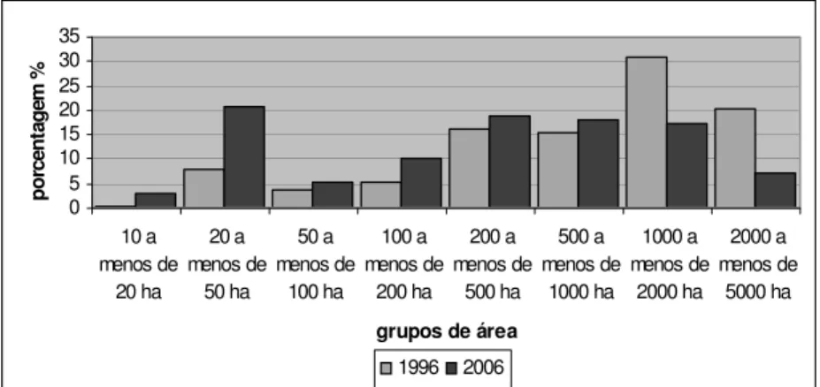 Gráfico 1. Porcentagem da área ocupada por estratos em Candiota 1996 -2006 1 Fonte: Censo Agropecuário do IBGE 1995/96 e levantamento na Prefeitura de Candiota, 2006.