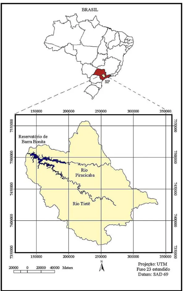 Figura 1. Localização da bacia hidrográfica de estudo no Estado de São Paulo e Brasil.