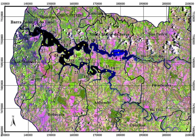 Figura 2. Localização dos pontos de amostragens de água em 1990 e 2002 no reservatório de Barra Bonita – SP sobre a imagem ETM+ Landsat 7 de 2002 e limites municipais do entorno.