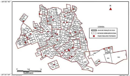 Figura 2. Zonas de Produção, Rotas de Distribuição de Água e Localização dos Poços Tubulares Profundos do Sistema de Abastecimento de Água de Rondonópolis - MT