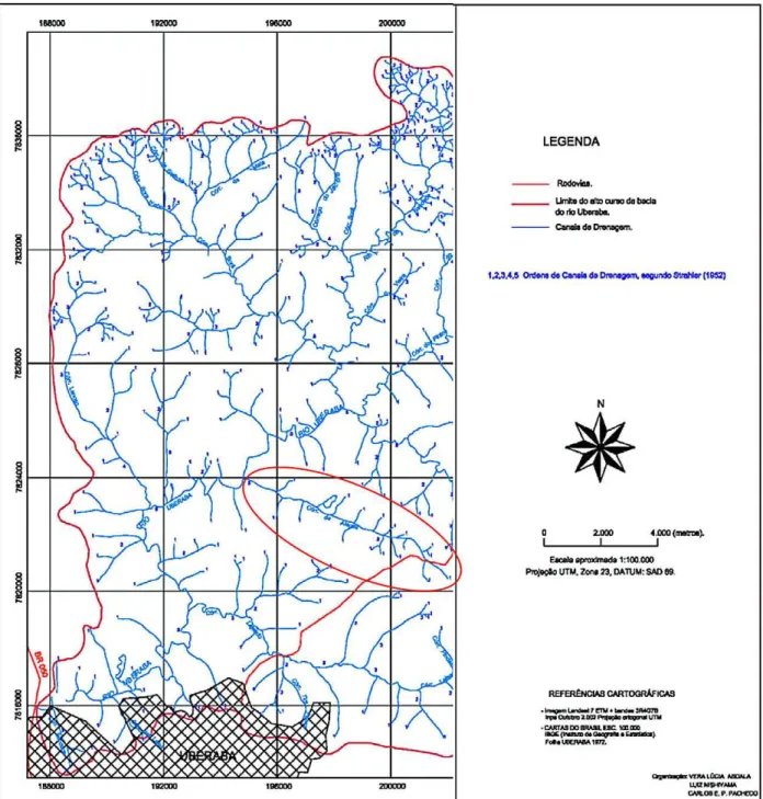 Figura 5. Mapa da ordem dos canais de drenagem do alto curso do rio Uberaba-MG, onde está inserido o Córrego Alegria (em destaque).