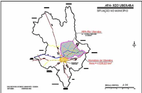 Figura 1. O município de Uberaba-MG e sua Área de proteção ambiental (APA) do rio Uberaba (SEMEA, 2004).