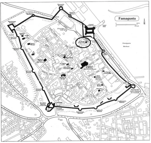 Figure 2.8.  Map of Famagusta with St. George of the Latins location (Enlart, 1913) 