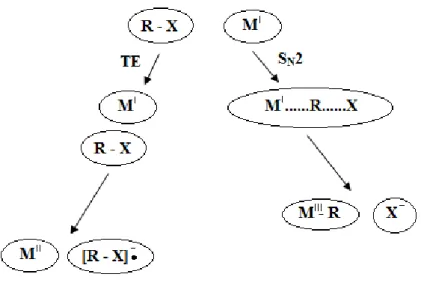Figura 1.5 - Diagrama esquemático de uma reação entre um complexo metálico  e um haleto de alquilo para os mecanismos TE e S N 2 [25]