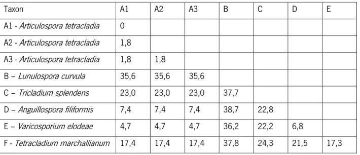 Tabela II – Percentagem de divergência genética dos hifomicetos aquáticos baseada nas  sequências das regiões ITS (Seena et al