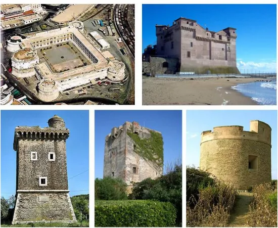 Figure 3. Examples of Building Typologies.Clockwise From Top Left: Michelangelo  Fort, Santa Severa Castle, Torre Olevola, Torre Palidoro, Tor Caldara 