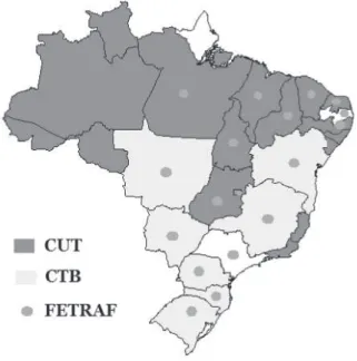 Figura 1. Mapa do Brasil com destaque para FETAGs filiadas à CUT e à CTB e presença  de FETRAFs