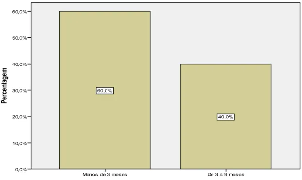 Gráfico 6 – Distribuição das percentagens de participantes na acção Formação Pedagógica Inicial de  Formadores da ADLML de acordo com o período decorrente desde a realização da acção