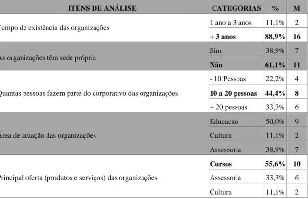 Tabela 1 - Perfil das organizações pesquisadas, (n = 18) 