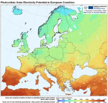 Figure 1 – Photovoltaic solar electricity potential in Europe (Šúri et al., 2007) 