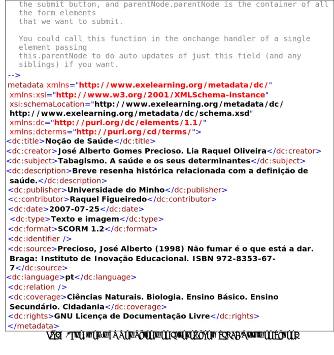 Fig. 8 - Documento XML do Objecto de Aprendizagem TAB01-Noção de Saúde. 