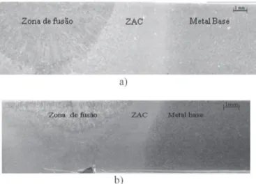 Figura 3.  Macrograias das juntas soldadas, a) um passe, b)  dois passes.