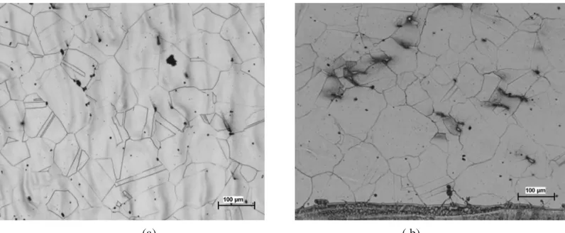 Figura 4. (a) Micrografia do metal de base (aço AISI 316L), (b) micrografia da ZAC do aço AISI 316L