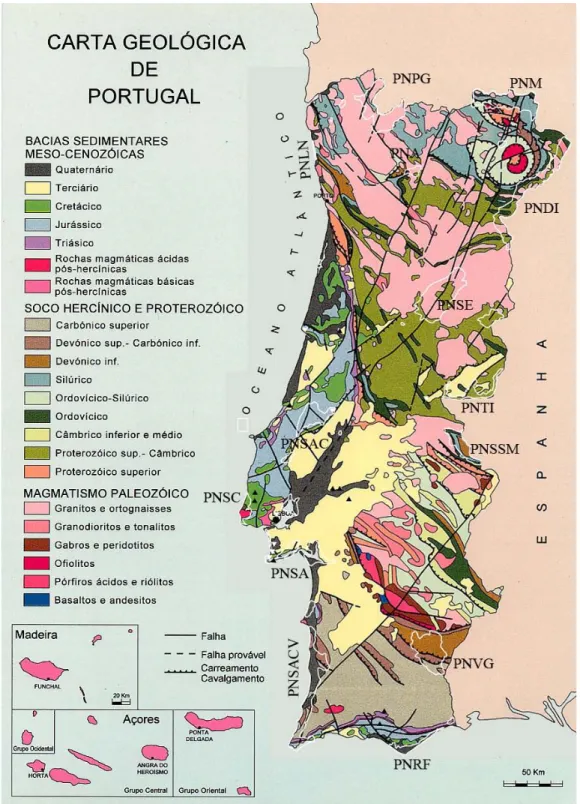 Fig. 3.2: Carta Geológica de Portugal com a localização do Parque Nacional (PNPG) e dos Parques  Naturais  (PNLN,  PNA,  PNDI,  PNM,  PNSE,  PNTI,  PNSSM,  PNVG,  PNSAC,  PNSC,  PNSA,  PNSACV  e  PNRF) de Portugal Continental. 
