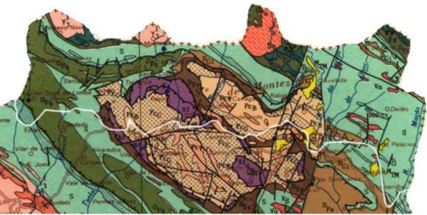 Fig.  3.6:  Extracto  da  carta  geológica  de  Portugal  à  escala  1/500000  na  região  do  PNM;  legenda  no  Anexo 1. Área do Parque: 74 544,6 ha. 