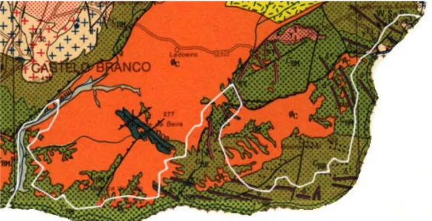 Fig.  3.9:  Extracto  da  carta  geológica  de  Portugal  à  escala  1/500000  na  região  do  PNTI;  legenda  no   