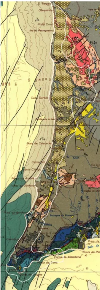 Fig. 3.12: Extracto da carta geológica de Portugal à escala 1/500000 na  região do PNSACV; legenda no Anexo 1. Área do Parque: 131 000 ha
