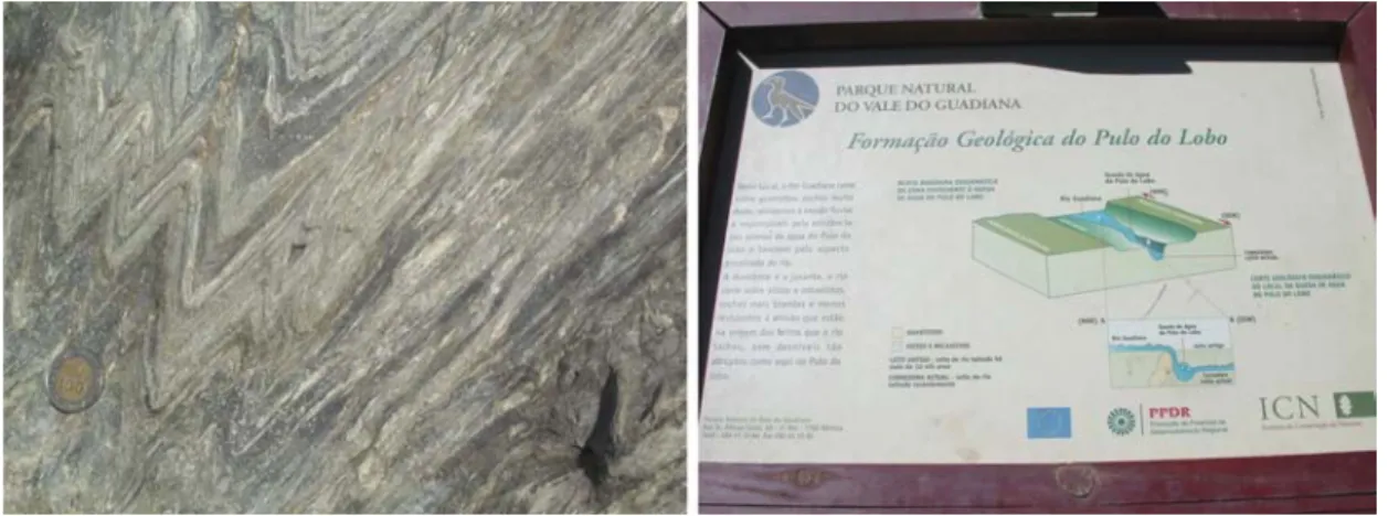 Fig.  4.7:  A‐  Dobras  em  níveis  quartzíticos  no  Pulo  do  Lobo  (PNVG);  B‐  Painel  do  ICNB  colocado  nas  proximidades (PNVG). 
