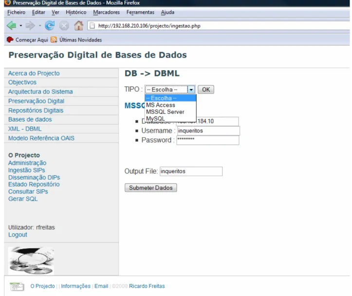 Figura 10 – Interface Web para definição da Base de Dados a preservar 