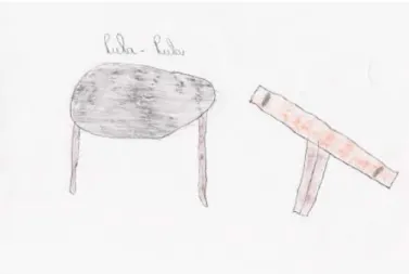 Ilustração 9 – Desenho feito por uma das crianças participantes da oficina lúdica, expressando  o desejo de ter um pula-pula e uma gangorra no parque da Aldeia, Carapicuíba-SP, 22 de 