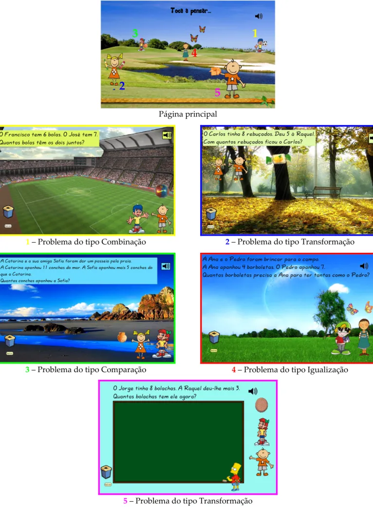 Fig. 6 - Apresentação da página principal  do jogo “Toca a  pensar…” e respectivas páginas com problemas   (Obs.: os números da página principal não fazem parte do jogo) 