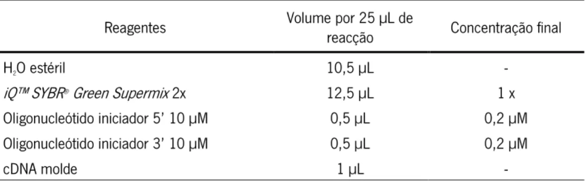Tabela 2.4: Componentes das reacções de RT-PCR em tempo real utilizadas para amplificação  do cDNA de óvulos de  A