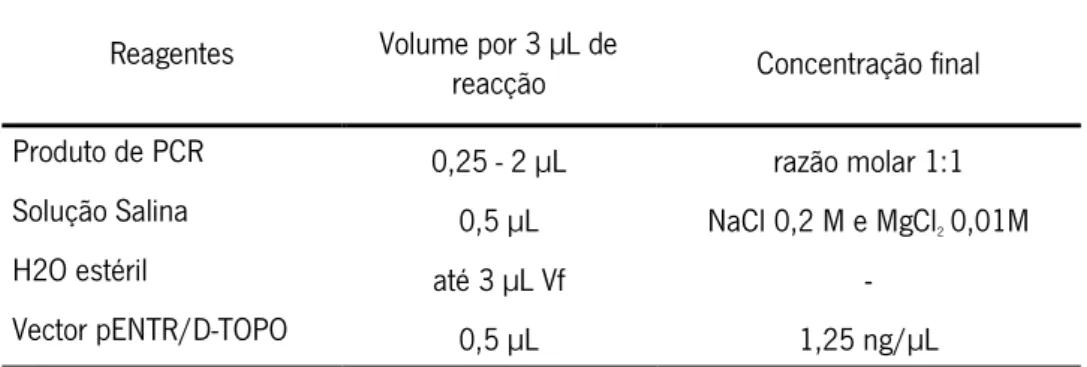 Tabela 2.6: Componentes das reacções de ligação para o vector pENTR/D-TOPO. 