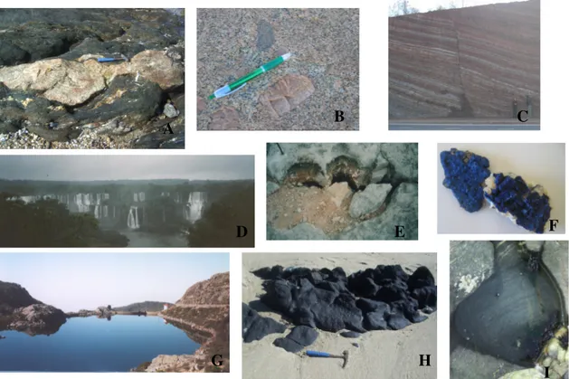 Figura 1.1: Exemplos de geodiversidade: A – Filão aplito-pegmatitico do tipo “pinch--and-swell” (Praia  da Granja -Vila Nova de Gaia); B – Granito de Lavadores (Paria de Lavadores – Vila-nova de Gaia); C –   Falha  normal  em  afloramento  de  Grés-de-Silv