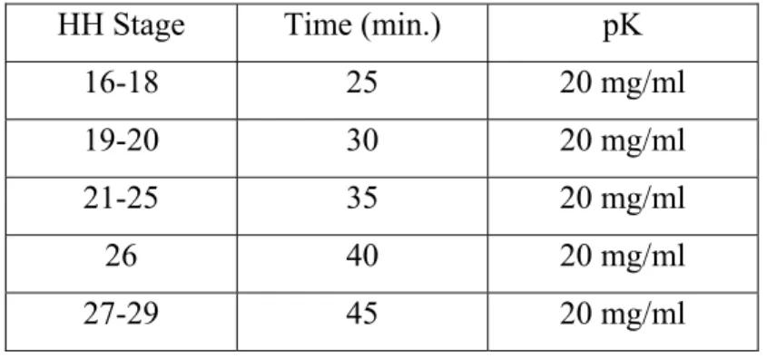 Table 6: Incubation times of proteinase K (pK) for ISH (embryos from stage 16 on).  