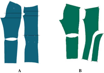 Figura 5.3A- Molde base das calças adaptada à de posição sentado com pinças nos joelhos, B- Molde base  das calças adaptada à de posição sentado com recurso de transposição de pinças na zona dos joelhos 