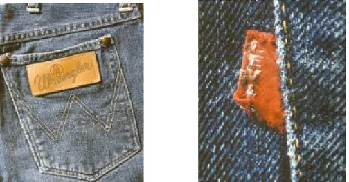 Figura 2.4 Elementos adicionados às marcas para as diferenciar perante o público consumidor: ‘W’ costurado no bolo  traseiro, marca Wrangler e etiqueta flag vermelha com a marca Levi’s com o ‘E’ maiúsculo