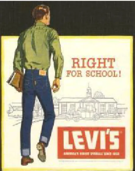 Figura 2.8. Na tentativa de eliminar a imagem estereotipada do Jeans, a Levis’s lança nos anos 50 uma campanha  publicitária para convencer pais e professores de que o Jeans era uma roupa aceitável para a escola e não um sinal  de que os adolescentes estav