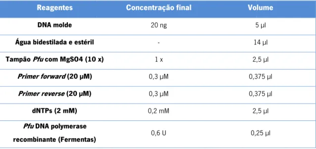 Tabela 2.2 - Composição das reacções de PCR para amplificação dos fragamentos de DNA  de cardosina A e de linker-mCherry.