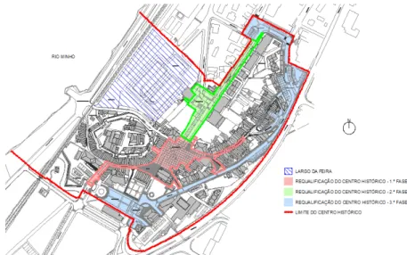 Figura n.º 2 – Área do Centro Histórico de Vila Nova de Cerveira (2008) / Fases de Intervenção